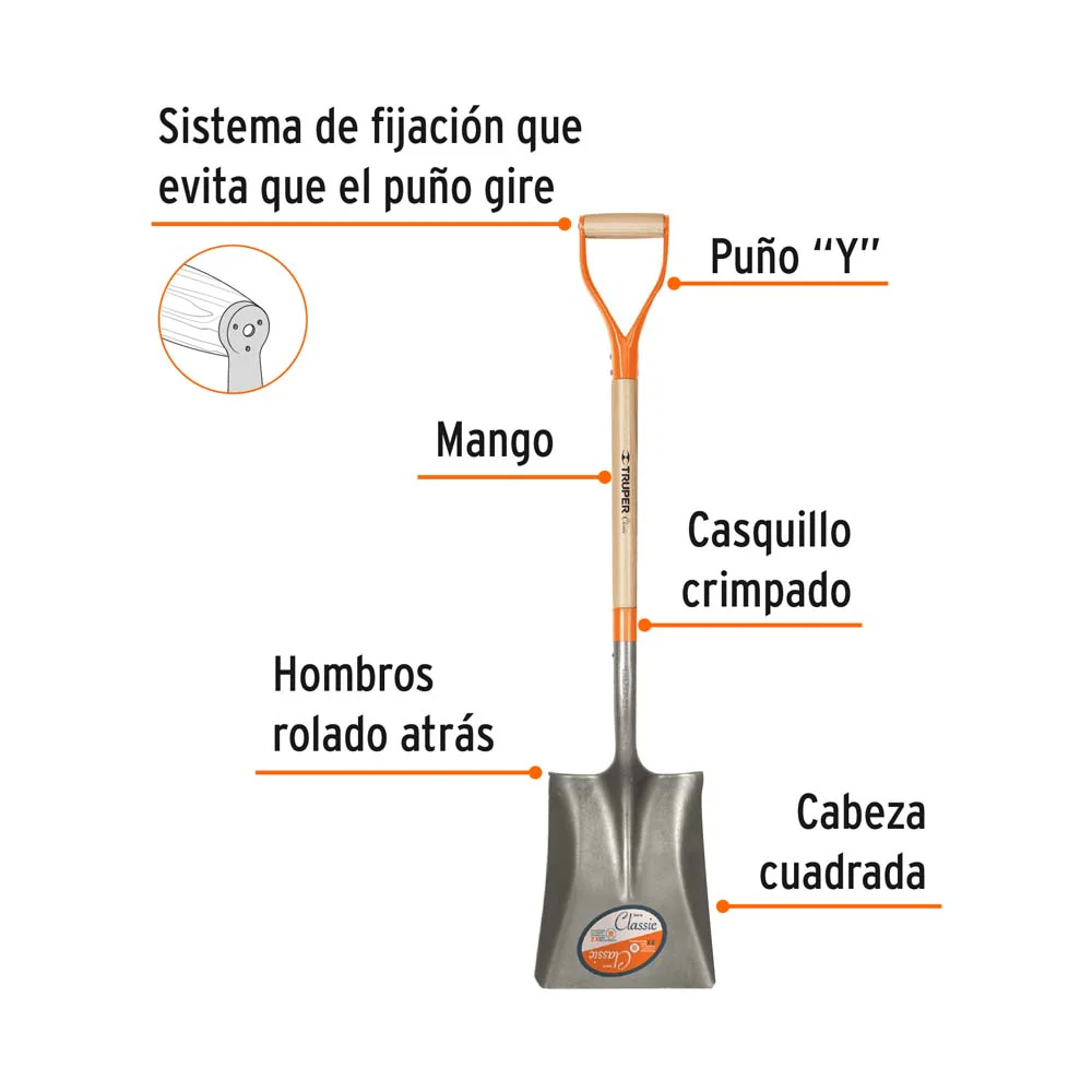PALA CLASSIC CUADRADA PUÑO «Y» MANGO 31″  TRUPER CONSTRUCCION